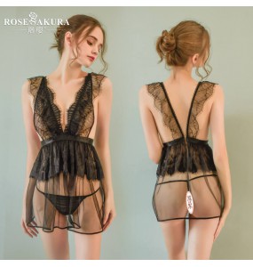 FEE ET MOI Sexy Backless Lace Seethrough Body Sleepwear (Black)